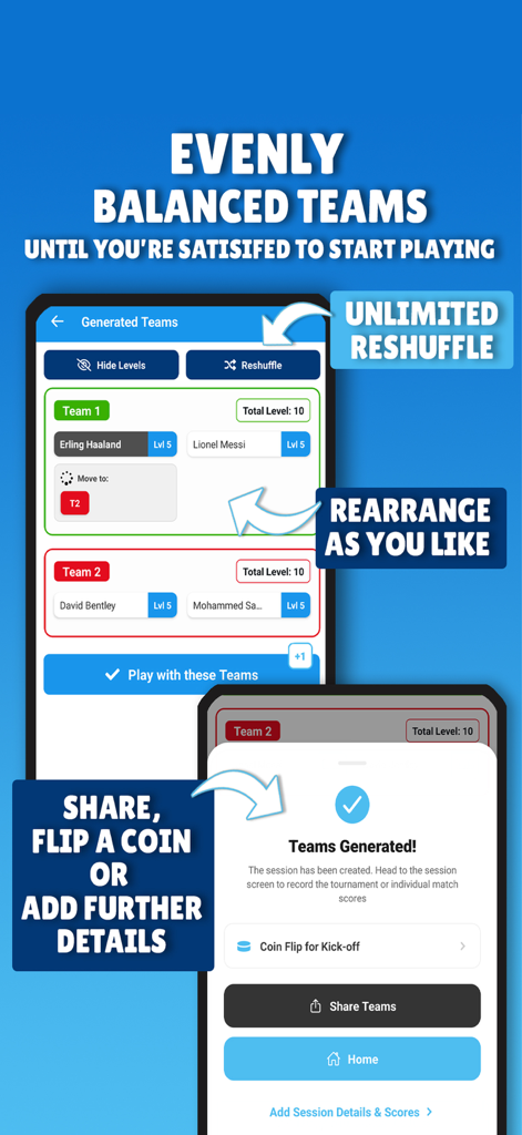 Interfaccia dell'app Quick Teams che mostra la generazione di squadre equilibrate con livelli di abilità dei giocatori e una funzione di lancio della moneta