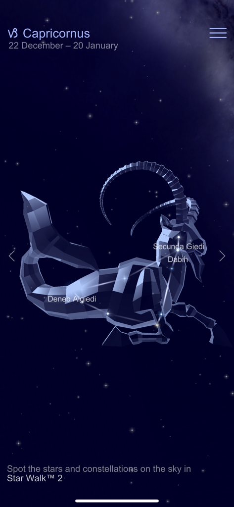 별 라벨이 있는 별이 빛나는 밤하늘에 그려진 염소자리 별자리의 3D 모델