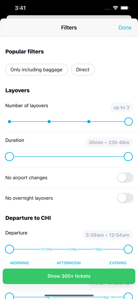 Cheap Plane Tickets - 수하물, 경유지 및 출발 시간을 선택할 수 있는 저렴한 항공권 앱의 필터 화면