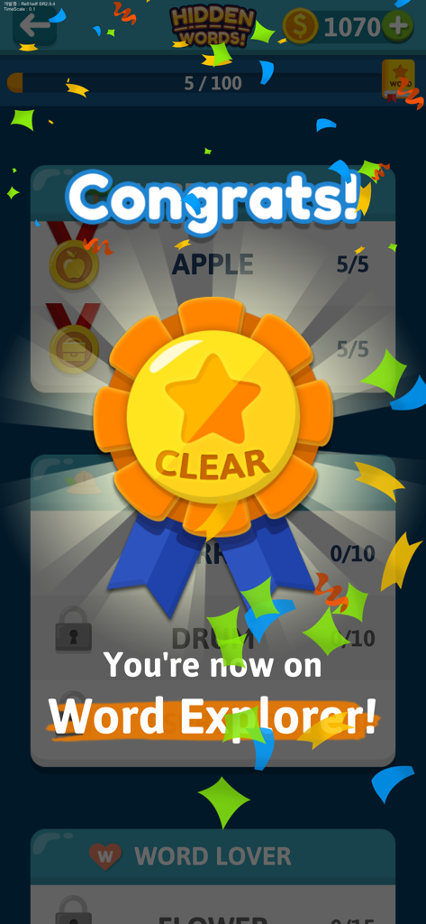 Word Search Hidden Words game screen showing a gold level clear badge and congratulations message with confetti