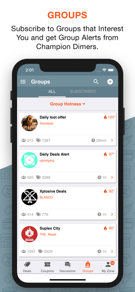 DesiDime - Shopping Community - Interface of DesiDime app showing shopping deal groups with community alerts and member counts