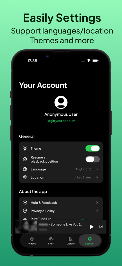 Interface des paramètres du compte de l'application Pure Tube montrant les options de langue et de thème sur un iPhone.