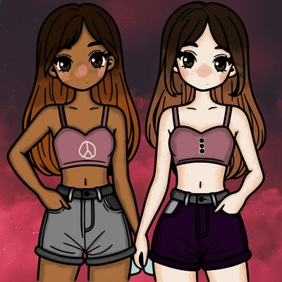 two sisters with crop tops and jean shorts and straight hair