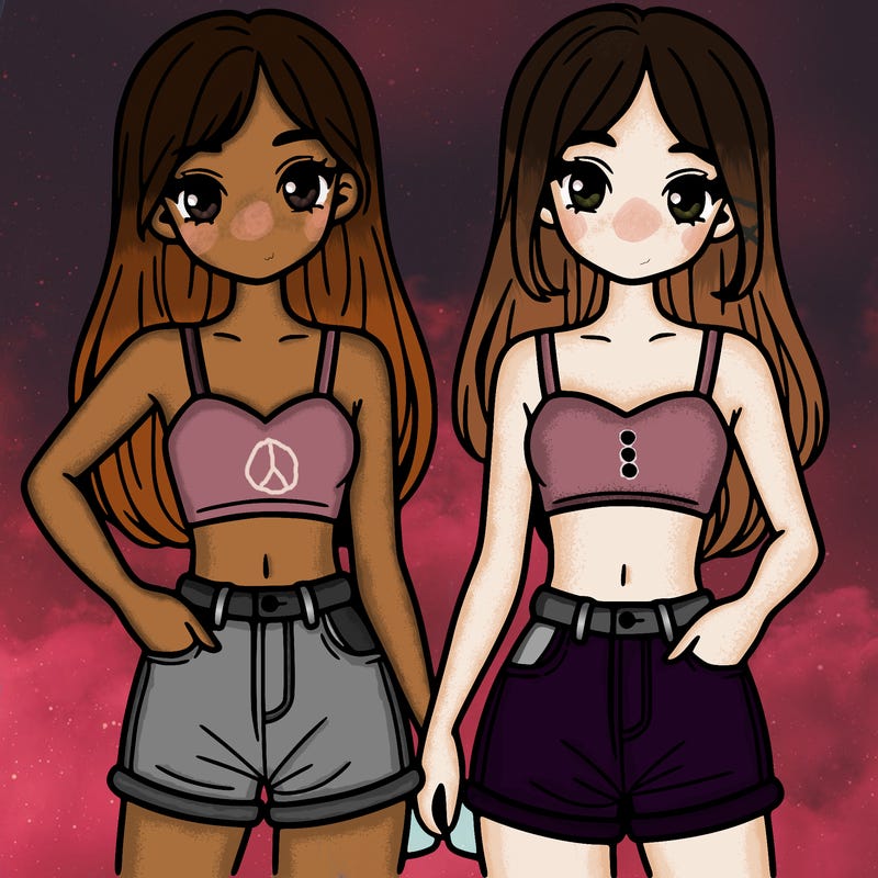 two sisters with crop tops and jean shorts and straight hair