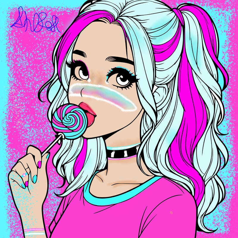 cute realistic teenage girl with lollipop in her mouth