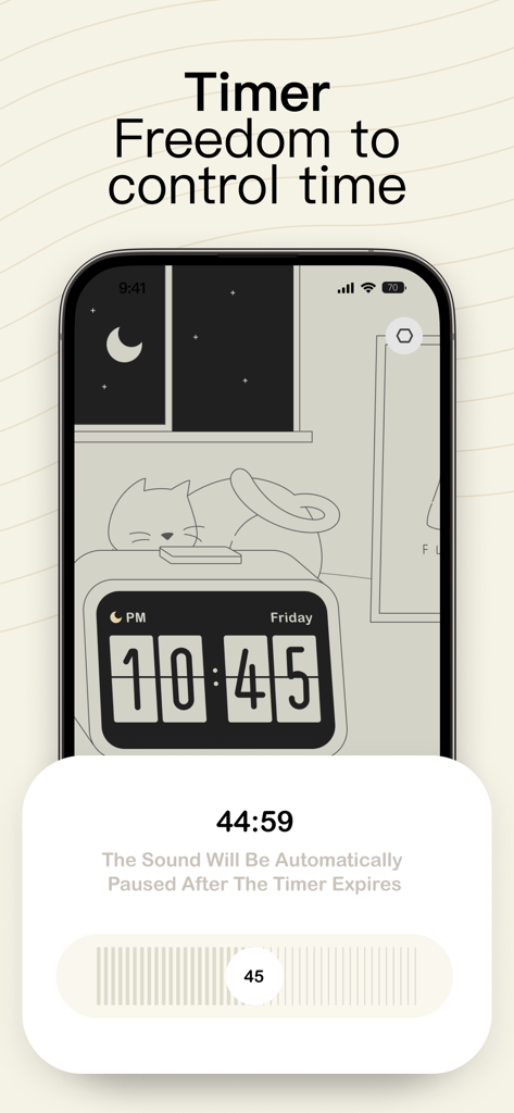 Dtd Sounds app interface showing a countdown timer with a cozy hand-drawn illustration of a sleeping kitten and a flip clock