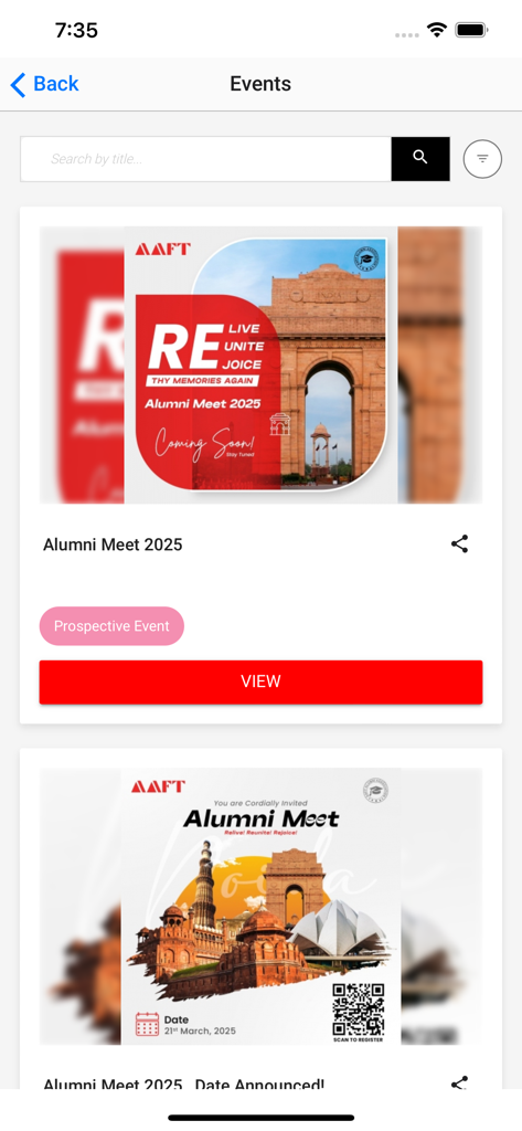 AAFT Connect - Écran d'événements de l'application AAFT Connect montrant les futures rencontres et rassemblements d'anciens élèves.