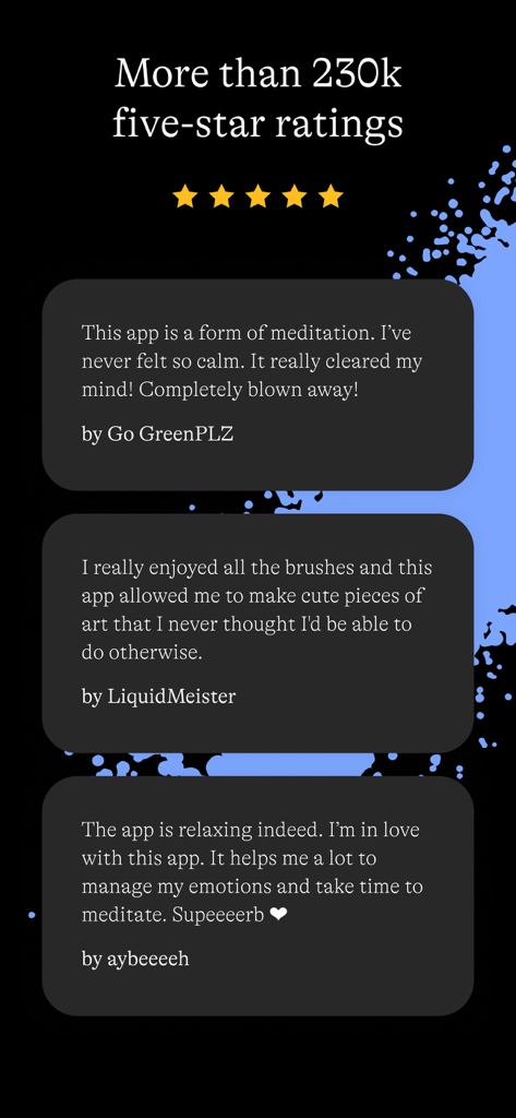 Lake: Coloring Book for Adults - A collection of positive user reviews for Lake coloring app highlighting its meditation and relaxation benefits with five star ratings.