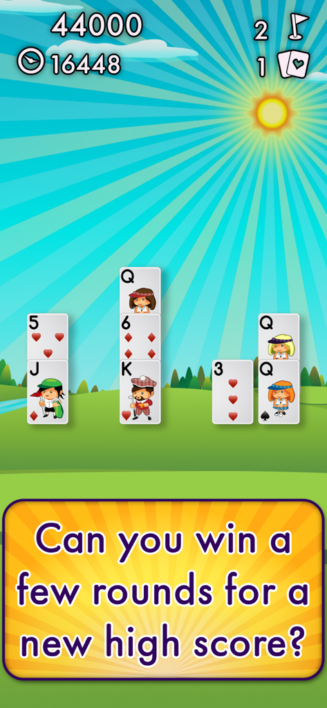 Golf Solitaire Pro! - Écran de jeu de Golf Solitaire Pro présentant des piles de cartes sur un fond de parcours de golf avec une invite de meilleur score.