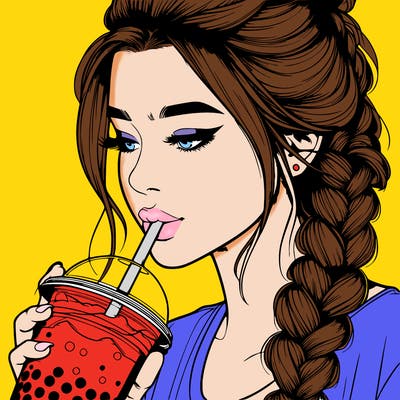 realistic girl drinking boba tea with braided hair