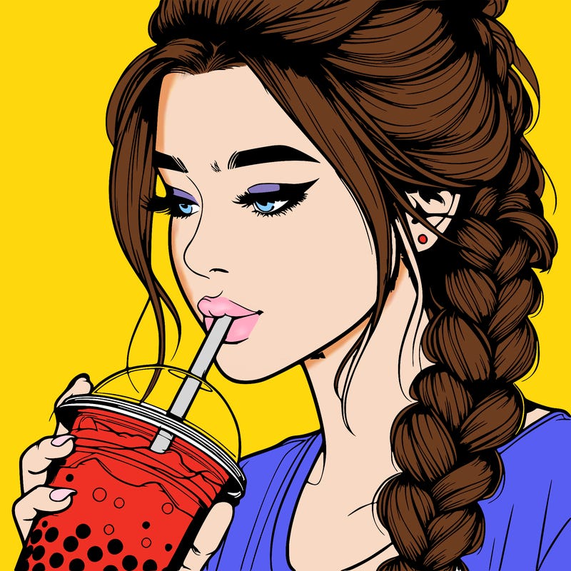 realistic girl drinking boba tea with braided hair