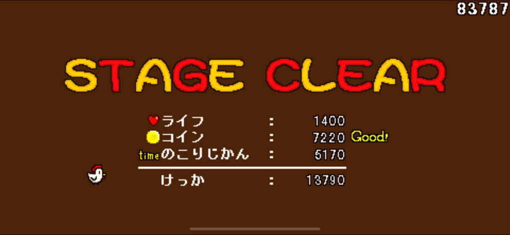 A pixel art stage clear results screen from Tori Game showing scores and a chicken character icon.