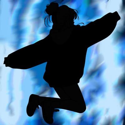 realistic girl jumping with a bun and oversized sweatshirt