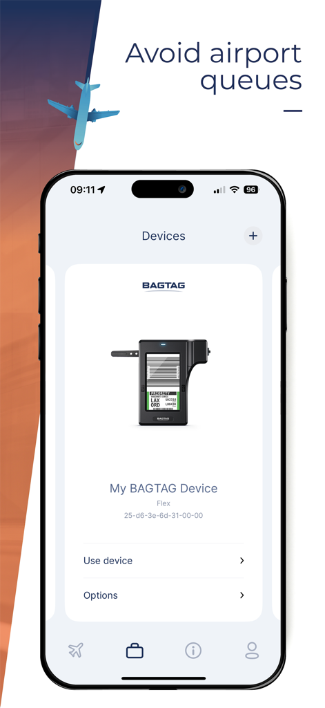 BAGTAG - BAGTAG App-Bildschirm, der einen verbundenen elektronischen Gepäckanhänger mit der Überschrift Flughafenschlangen vermeiden anzeigt