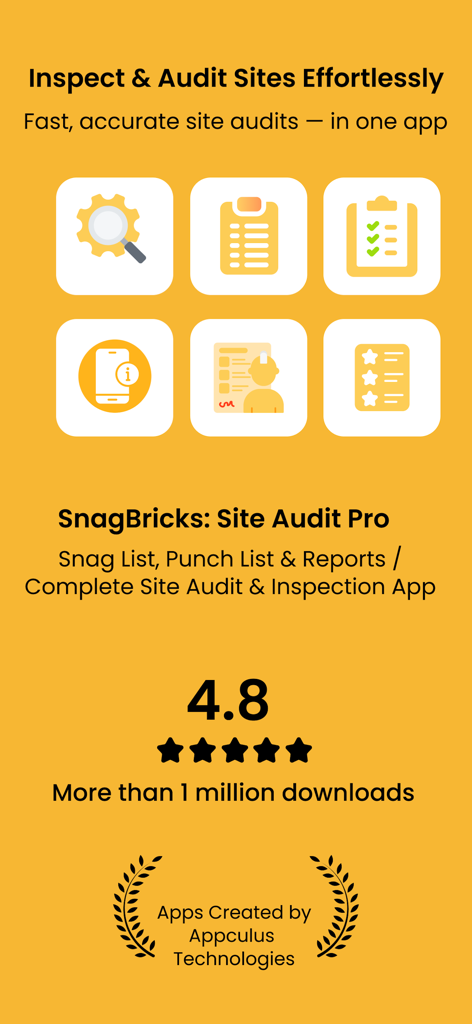 SnagBricks Site Audit Pro promotional screen showing 4.8 star rating and 1 million downloads