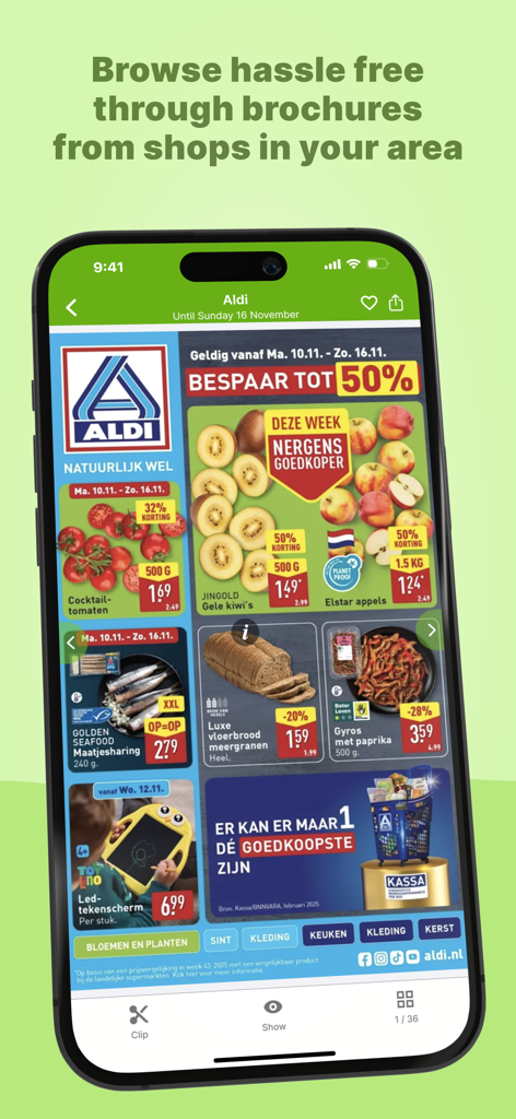 myShopi – leaflets & promos - Smartphone screen showing the myShopi app with a digital Aldi flyer featuring grocery discounts and deals.