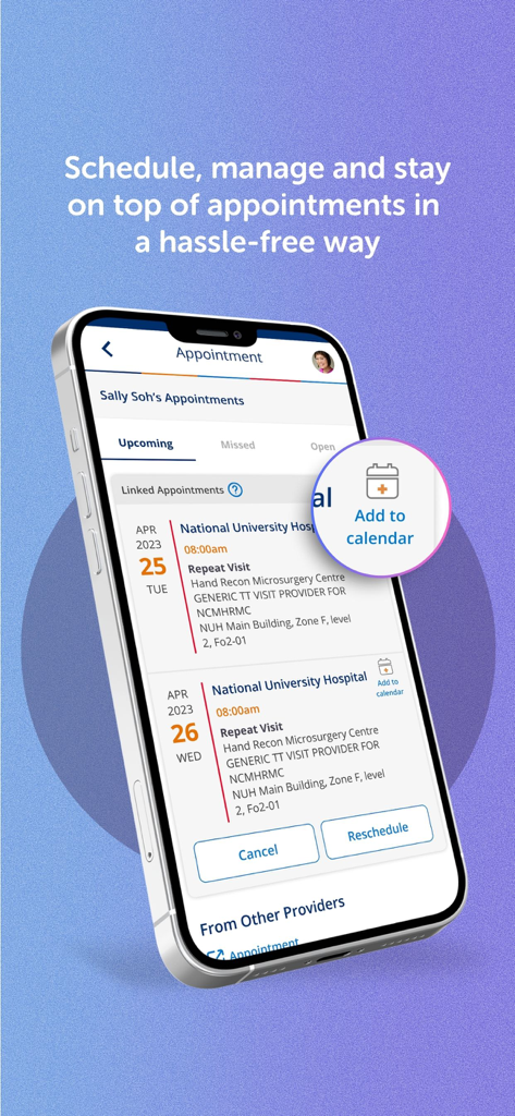 NUHS App screenshot showing upcoming hospital appointments with options to reschedule cancel or add to calendar
