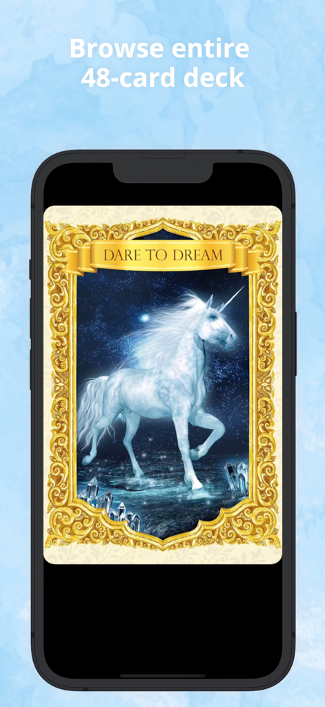 Ask the Unicorns Oracle Cards - A white unicorn card with the text Dare to Dream from the Ask the Unicorns Oracle Cards app