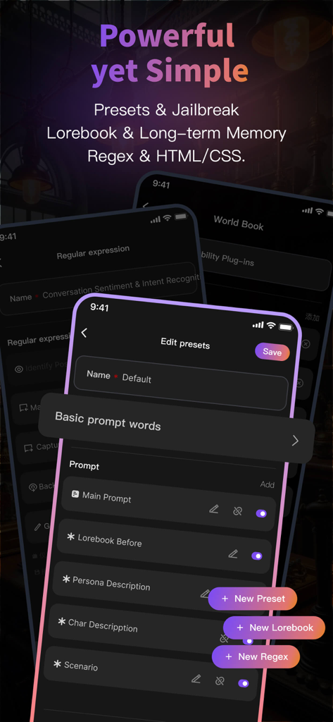 Tavo - AI Roleplay Frontend - Tavo mobile app interface for managing AI roleplay presets, lorebooks, and character descriptions.