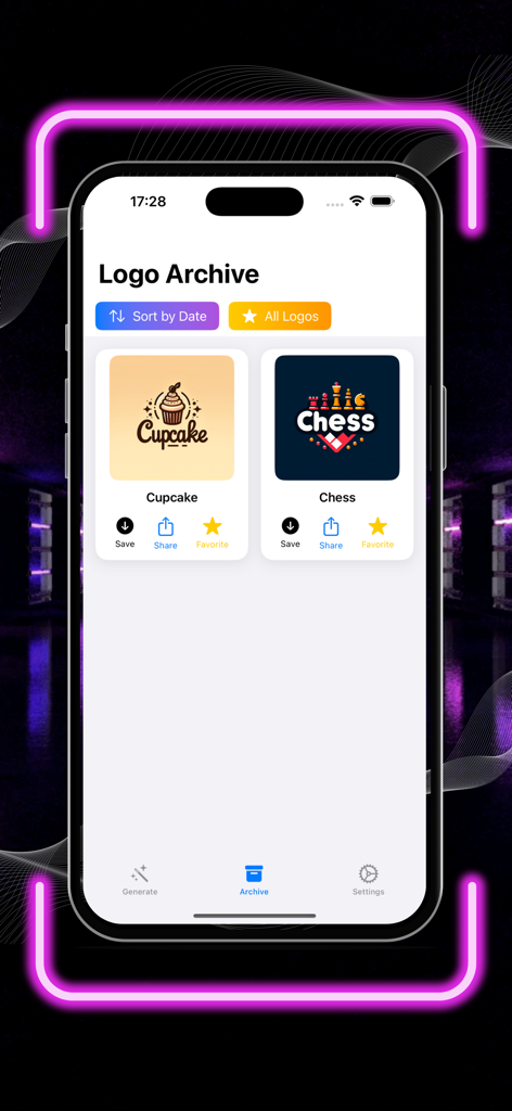 Logo Craft AI: AI Logo Maker - Una interfaz móvil que muestra la pantalla del Archivo de Logos con logos generados por IA guardados para las marcas llamadas Cupcake y Chess.