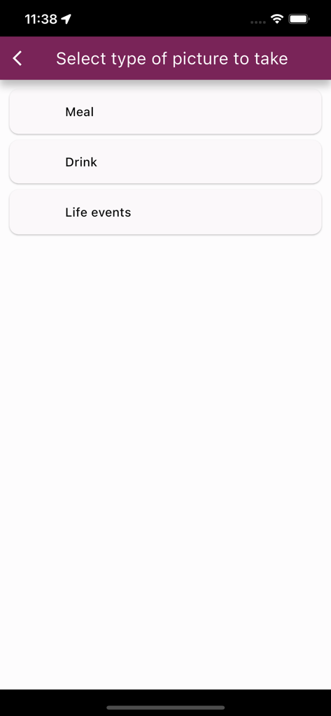 Rebecca - Selection screen in the Rebecca app to take photos of meals drinks or life events