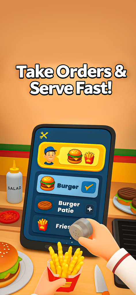 Captura de tela da jogabilidade do Food Simulator mostrando uma tela de pedidos digital e a preparação dos alimentos