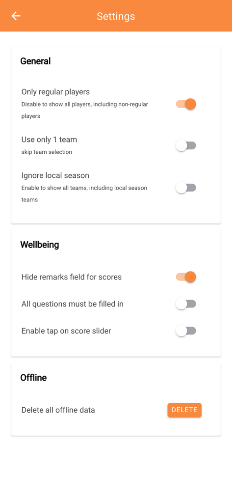 SoccerLAB Team - The settings screen of the SoccerLAB Team app showing general, wellbeing, and offline configuration options.