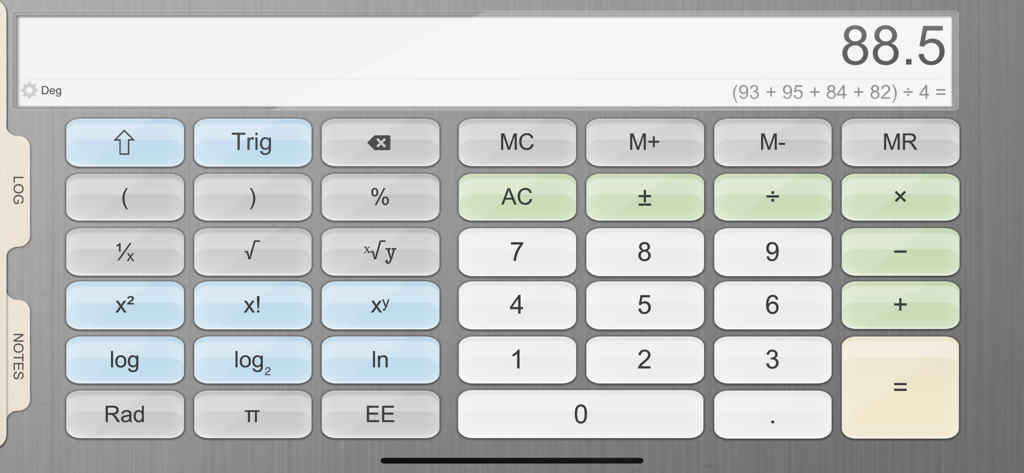 Scientific calculator interface in landscape mode showing an equation and math functions