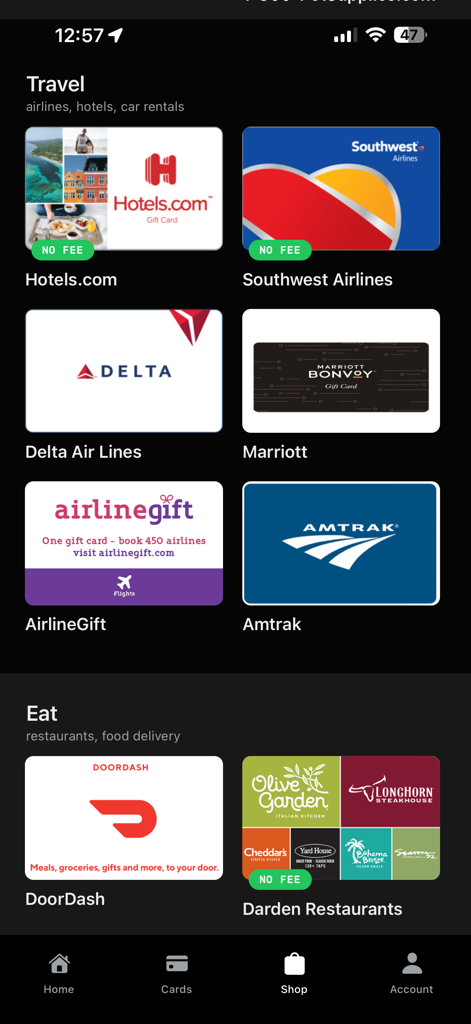 Laso Finance app shop showing travel and dining gift card options