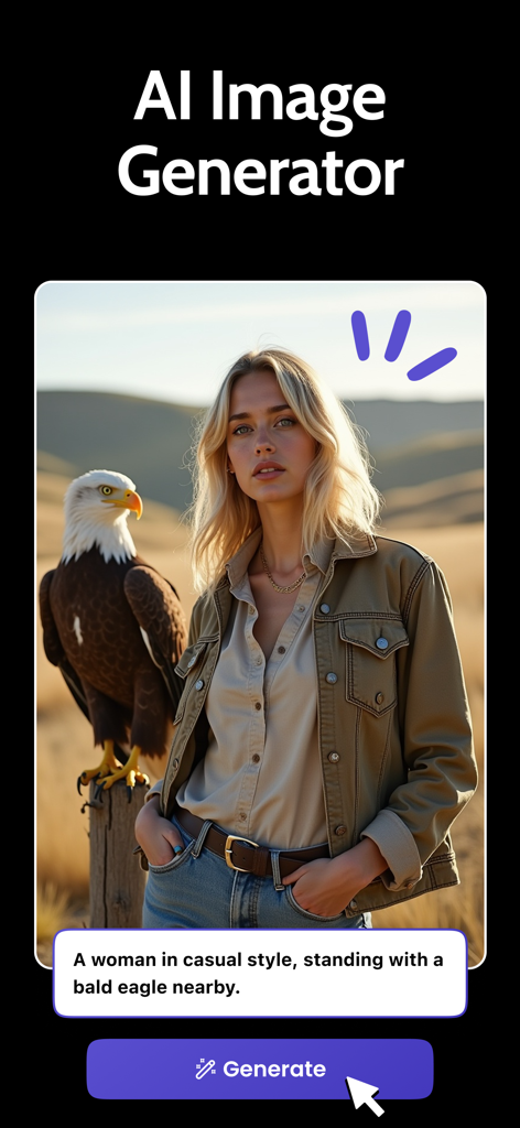 AI Art & Image Generator - テキストプロンプトに基づいて女性が白頭鷲の隣に立っている画像を生成したAI画像ジェネレーターアプリのインターフェース