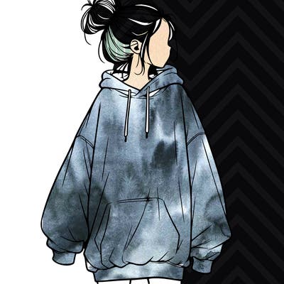realistic girl with a oversized sweatshirt on and a bun