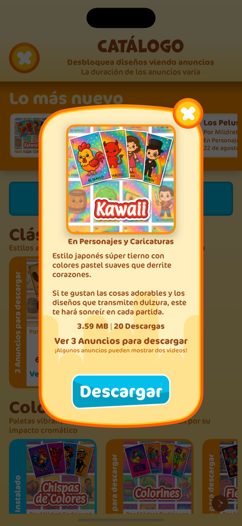Lotería Mexicana - La Baraja - Um pop-up no aplicativo Loteria Mexicana mostrando uma prévia e opção de download para um baralho de cartas com tema Kawaii