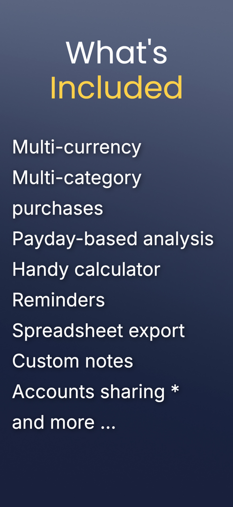 My treasury - A list of features for the My treasury app including multi-currency support, payday-based analysis, and account sharing