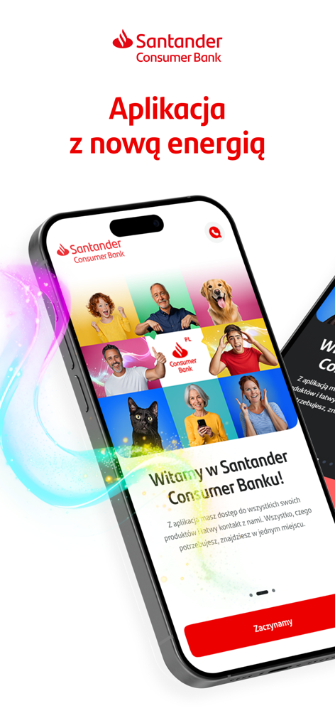 Santander Consumer Bank - Ein Smartphone, das den Willkommensbildschirm der Santander Consumer Bank Mobile App mit einer Collage aus verschiedenen Menschen und Haustieren anzeigt.