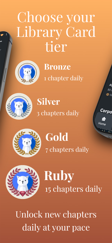 Great Novels - Great Novels app screen showing Bronze Silver Gold and Ruby library card tiers with their corresponding daily chapter unlock limits