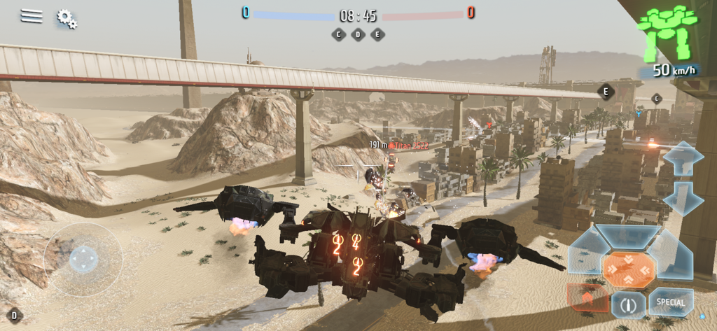 B.o.T - A mechanical titan robot navigating a desert battlefield in the game Battle of Titans