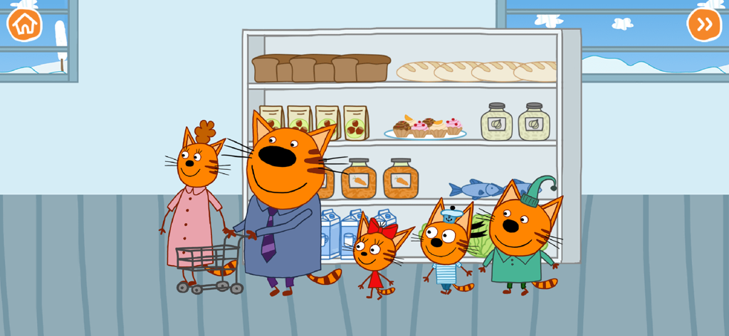 Kid-E-Cats family characters shopping at a grocery store with food on shelves