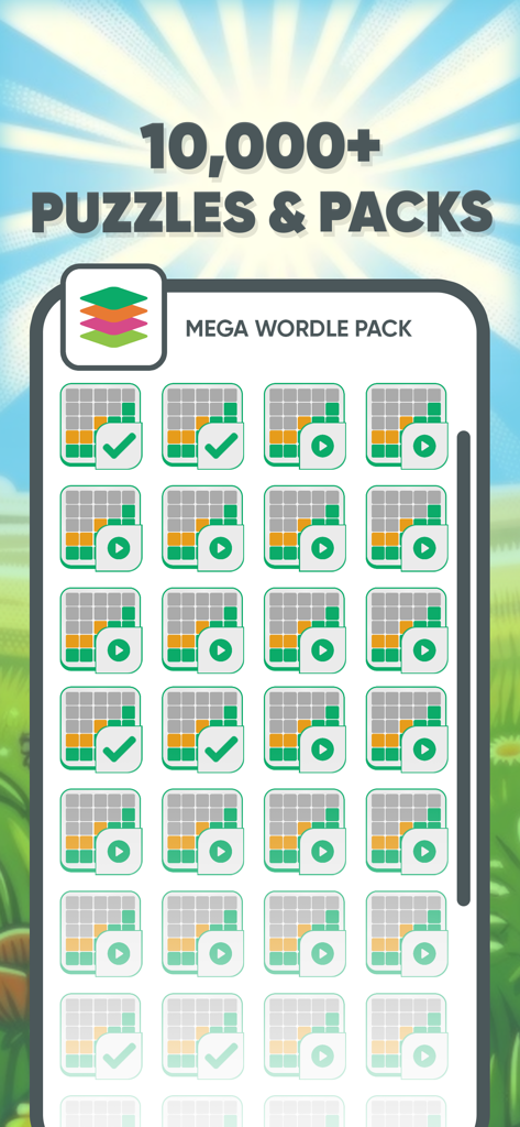 A screen from Everyday Puzzles showing a Mega Wordle Pack with a grid of daily word games and progress indicators.