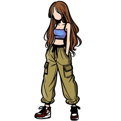 girl in baggy pants crop top and long hair