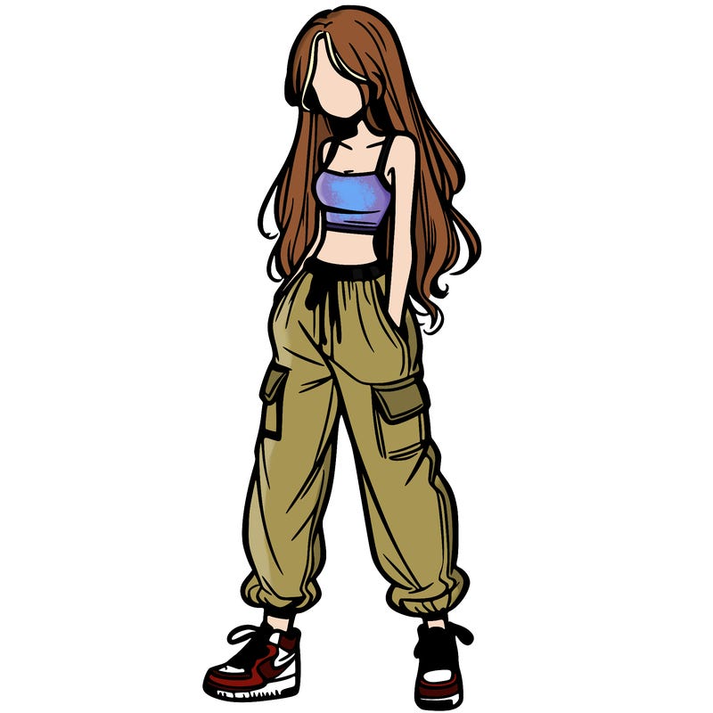 girl in baggy pants crop top and long hair