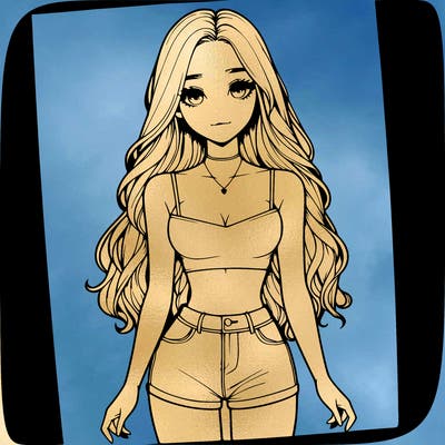 a realistic girl with long hair and in a crop top and shprts