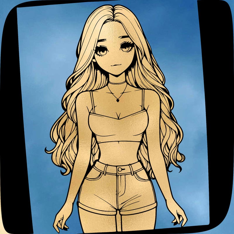 a realistic girl with long hair and in a crop top and shprts
