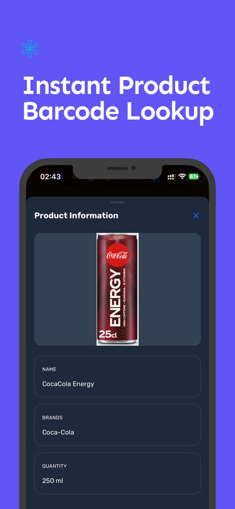 QR Scanner - Fast Code Reader - Búsqueda instantánea de códigos de barras de productos que muestra detalles como marca y cantidad de un artículo escaneado en la aplicación.
