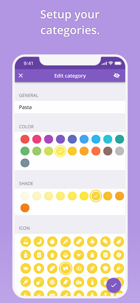 Screen of the That Shopping List app showing how to customize a category with colors and icons