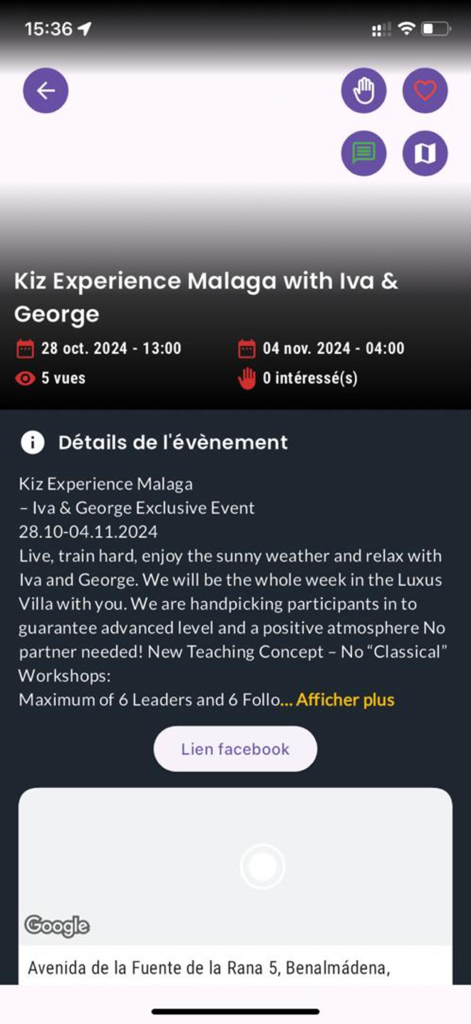 KizZy - A detailed event page in the KizZy app showing information for a Kizomba dance experience in Malaga