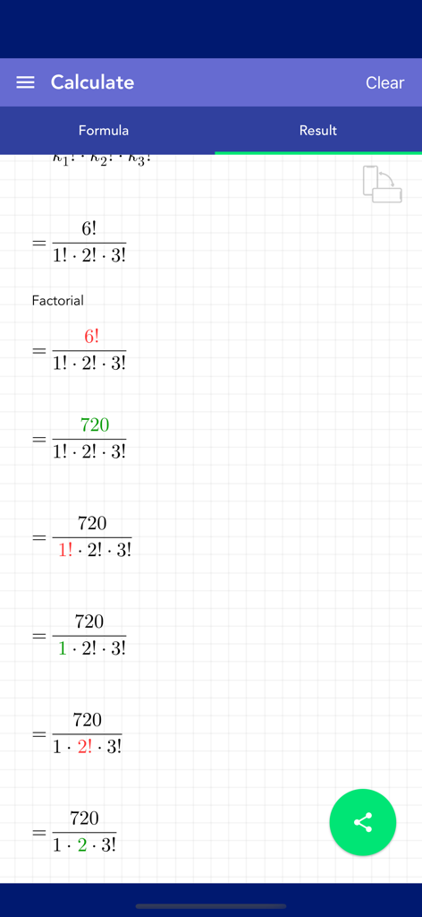 Combinatorics PRO - Eine detaillierte schrittweise mathematische Berechnung einer Kombinatorikformel, die auf einem Gitterhintergrund innerhalb der App angezeigt wird
