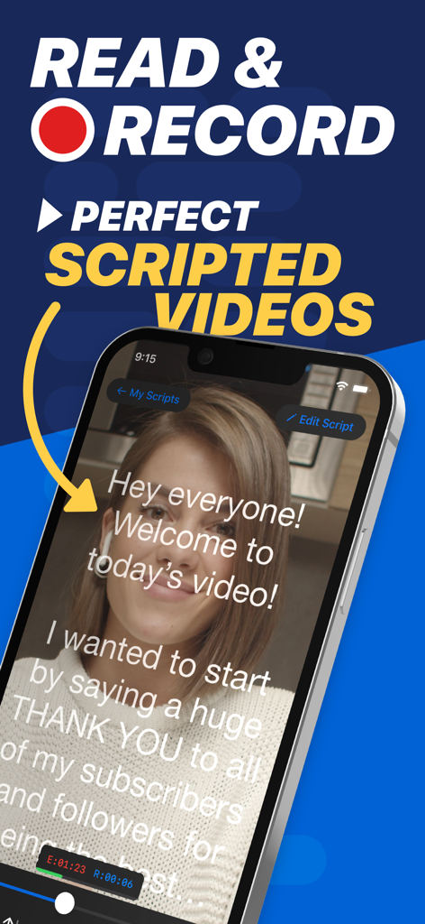 Teleprompter Pro - A woman using the Teleprompter Pro app on an iPhone to read a script while recording a video