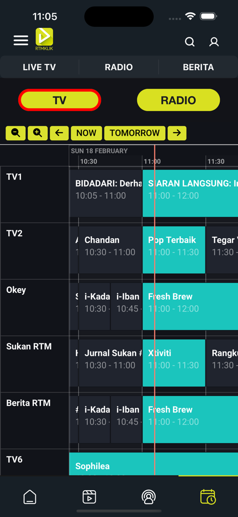 RTMKlik app interface showing the live TV program guide and schedules for various Malaysian channels