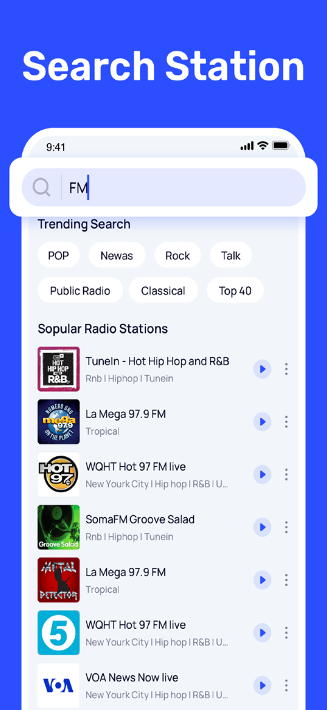 FM Radio - Local Radio - Search interface of the FM Radio app showing trending categories and a list of popular radio stations like La Mega and Hot 97 FM