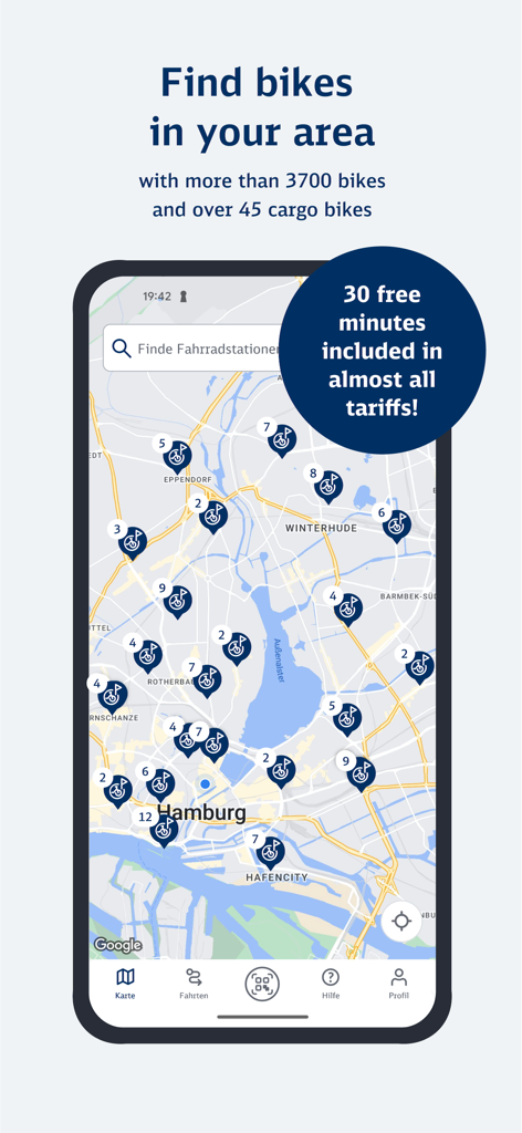 StadtRAD Hamburg - Map view of the StadtRAD Hamburg app showing available bike rental stations across the city
